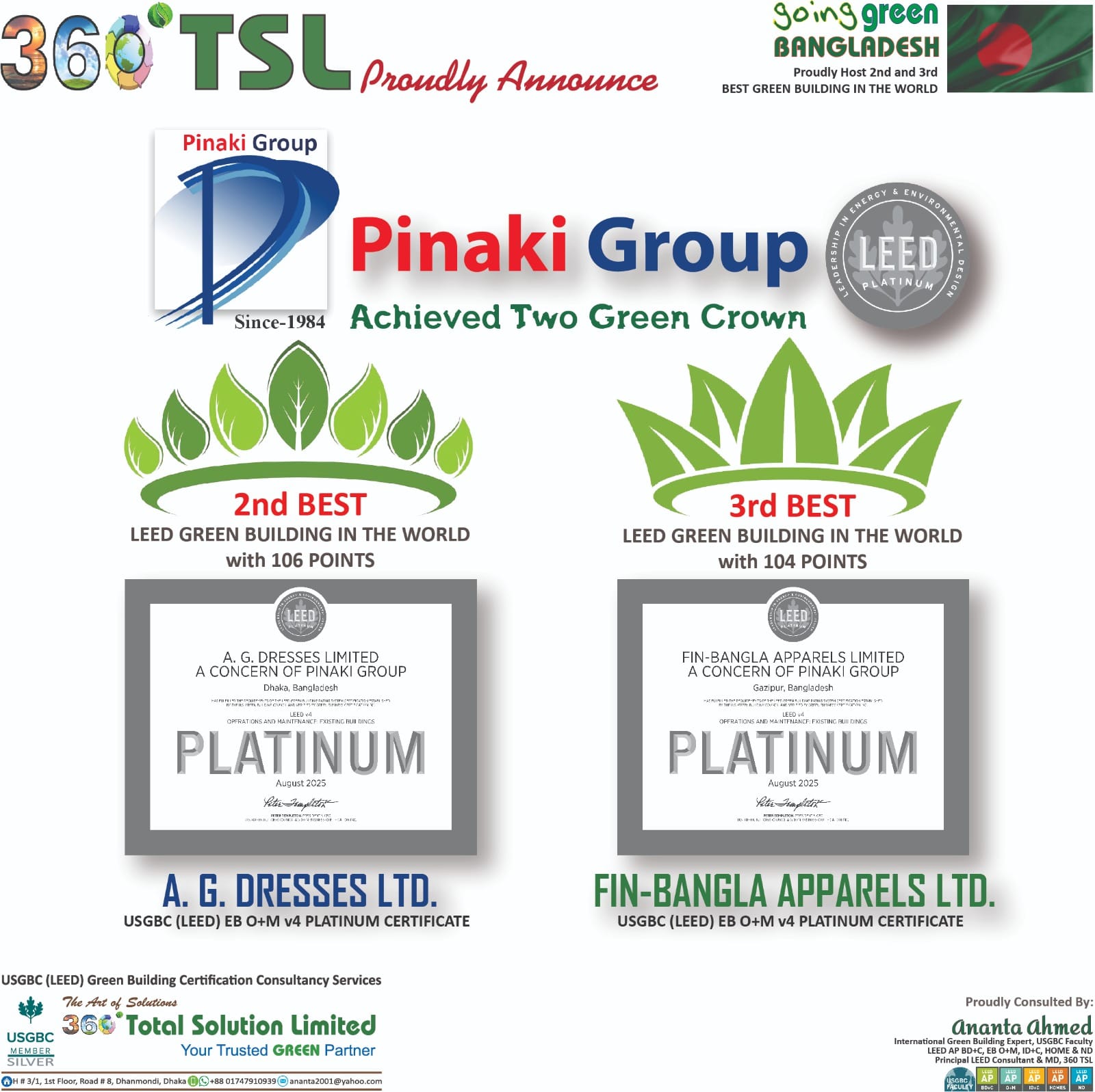 Pinaki Group two concern achieves LEED Platinum certificate by USGBC